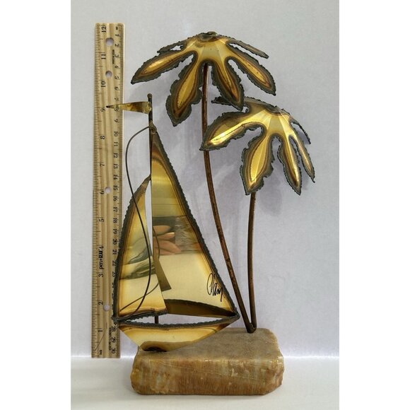 Vintage Mario Jason Signed Brass Sailboat & Palm Trees Onyx Base 12" Tall Retro - Picture 8 of 9